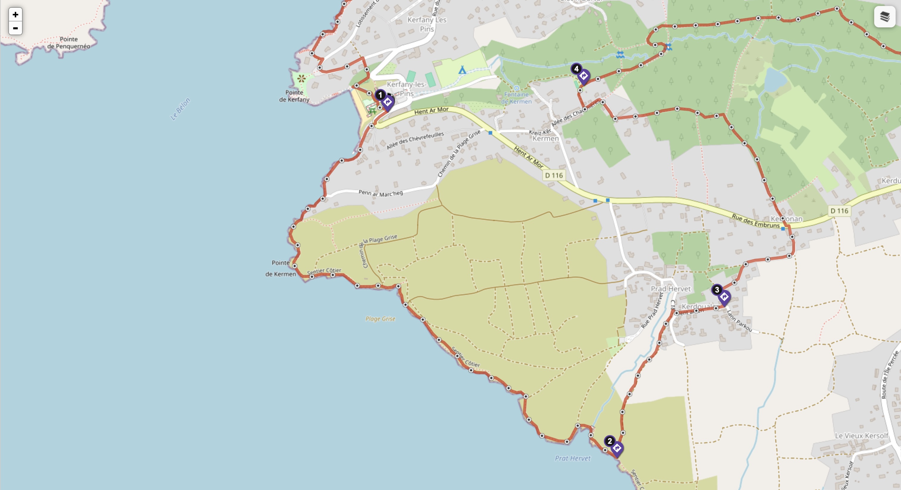 Aperçu de l'éditeur MaRando avec un parcours tracé en Bretagne et quatre points d'étape